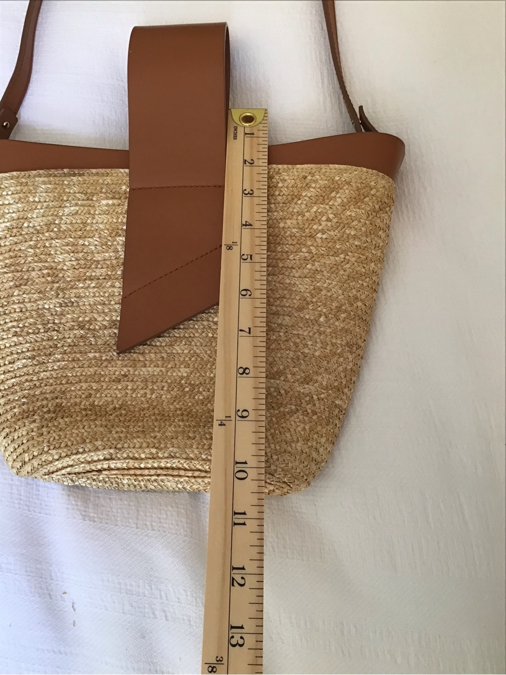 Leather-Trim Straw Bucket Crossbody Bag in Tan - Picture 11 of 11
